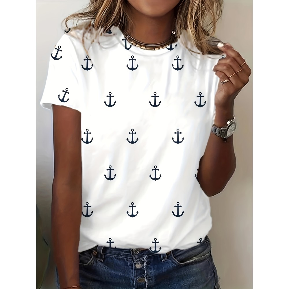 Anchor Print Crew Neck T-Shirt, Casual Short Sleeve Top For Spring & Summer, Women's Clothing