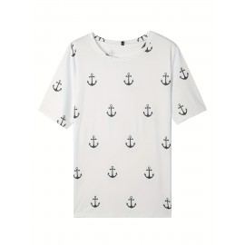 Anchor Print Crew Neck T-Shirt, Casual Short Sleeve Top For Spring & Summer, Women's Clothing