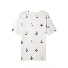 Anchor Print Crew Neck T-Shirt, Casual Short Sleeve Top For Spring & Summer, Women's Clothing