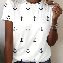 Anchor Print Crew Neck T-Shirt, Casual Short Sleeve Top For Spring & Summer, Women's Clothing