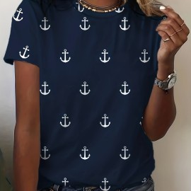 Anchor Print Crew Neck T-Shirt, Casual Short Sleeve Top For Spring & Summer, Women's Clothing