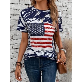 American Flag Print Crew Neck T-Shirt for Women - Casual Short Sleeve Tee for Spring & Summer