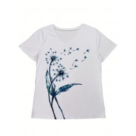 Dandelion Print V Neck T-Shirt, Casual Short Sleeve T-Shirt For Spring & Summer, Women's Clothing