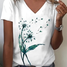 Dandelion Print V Neck T-Shirt, Casual Short Sleeve T-Shirt For Spring & Summer, Women's Clothing