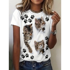 Cute Cat Paw Print T-Shirt for Women - Casual Short Sleeve Tee for Spring & Summer