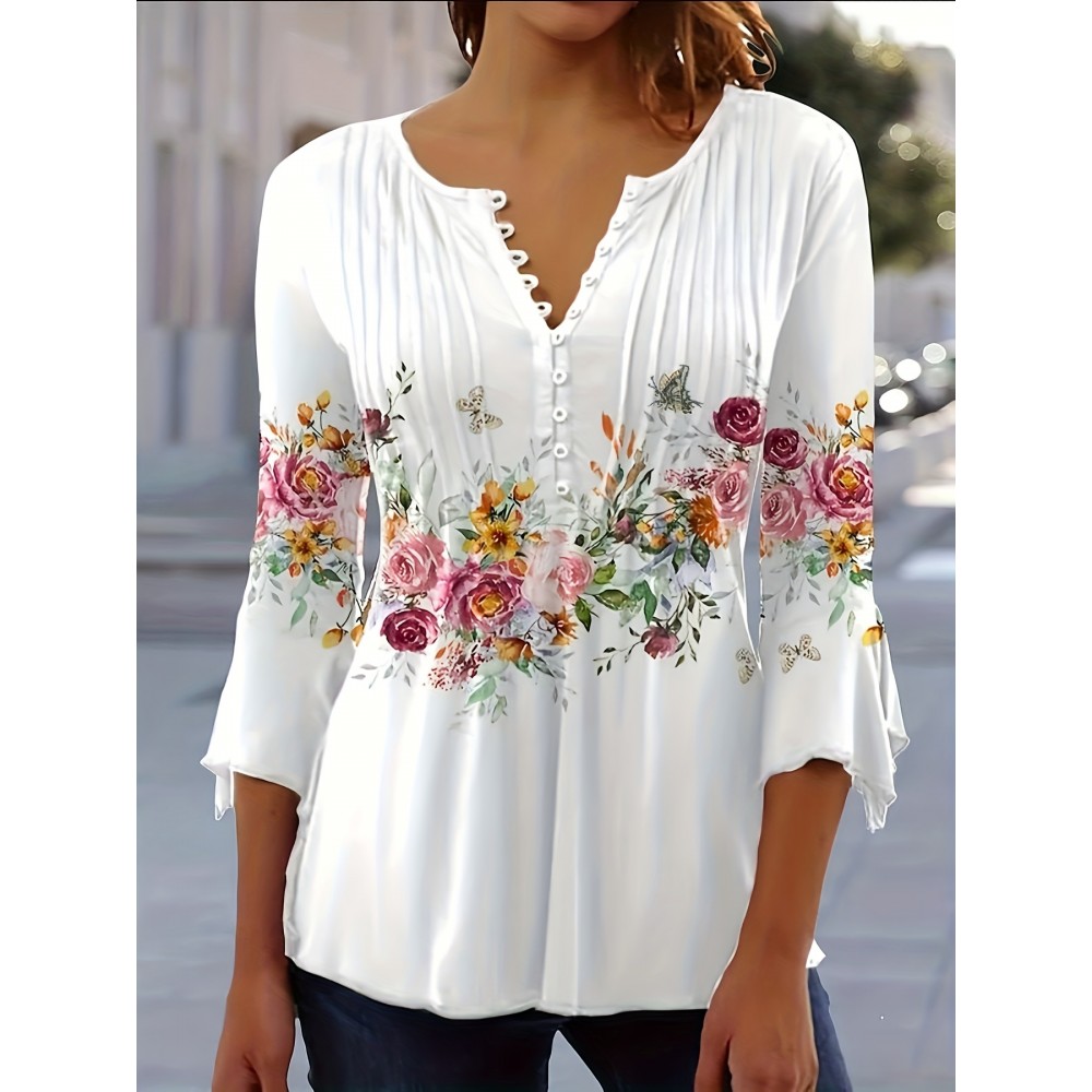 Floral Print Notched Neck Blouse, Casual Button Front Blouse For Spring & Summer, Women's Clothing