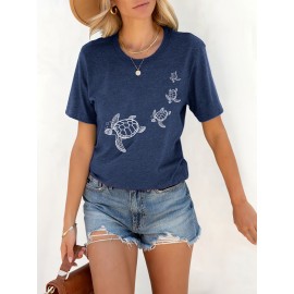 Turtle Print Crew Neck T-Shirt, Casual Short Sleeve T-Shirt For Spring & Summer, Women's Clothing