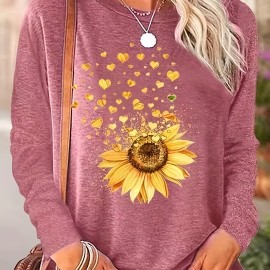 Sunflower Print Long Sleeve T-Shirt for Women - Casual Spring and Fall Fashion