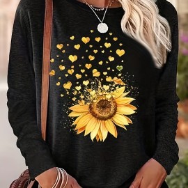 Sunflower Print Long Sleeve T-Shirt for Women - Casual Spring and Fall Fashion