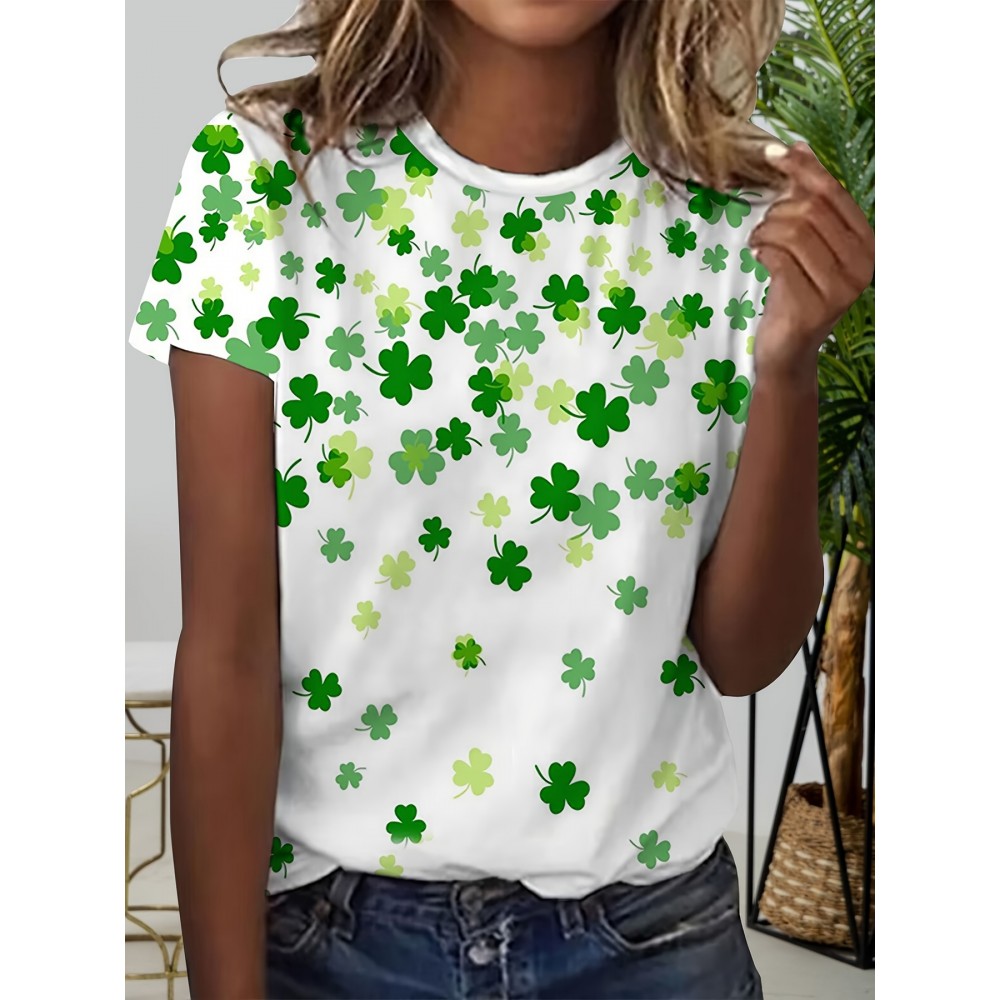 Clover Print Crew Neck T-Shirt, Casual Short Sleeve T-Shirt For Spring & Summer, Women's Clothing, St. Patrick's Day