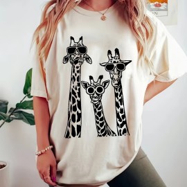 Cute Giraffe Print Crew Neck T-Shirt for Women - Casual Short Sleeve Tee for Spring & Summer