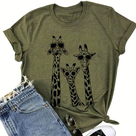 Cute Giraffe Print Crew Neck T-Shirt for Women - Casual Short Sleeve Tee for Spring & Summer