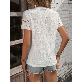 Solid Eyelet Crew Neck T-Shirt, Casual Short Sleeve Top For Spring & Summer, Women's Clothing