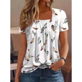 Feather Print Square Neck T-Shirt, Casual Short Sleeve Top For Spring & Summer, Women's Clothing