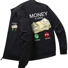 Men's Praying For Money Pattern Windbreaker Jacket - Casual Stand Collar Zip Up