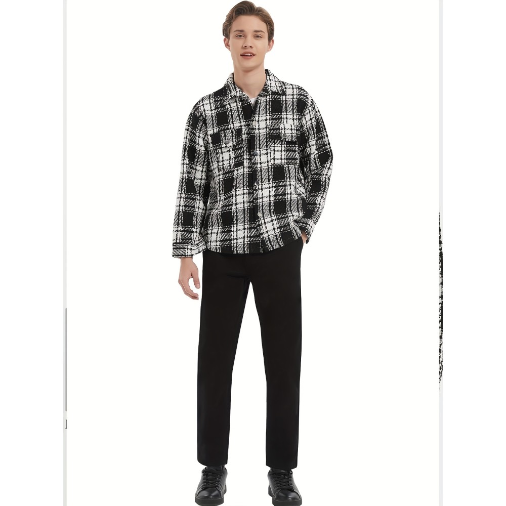 Men's Button Down Loose Fit Long Sleeve Thick Plaid Casual Shirt Jacket black and white checkerboard 02