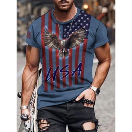 Eagle And Flag Print T-shirt, Men's Casual Street Style Stretch Round Neck Tee Shirt For Summer