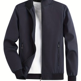 Men's Solid Color Zip-Up Stand Collar Jacket, Casual Loose Windbreaker Jacket For Sports Outdoors, Running