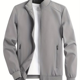 Men's Solid Color Zip-Up Stand Collar Jacket, Casual Loose Windbreaker Jacket For Sports Outdoors, Running