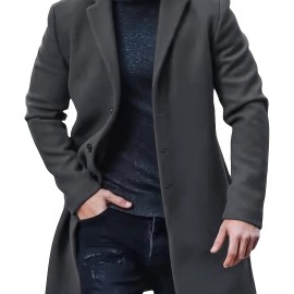 Men's Warm Overcoat, Elegant Single Breasted Trench Coat For Fall Winter