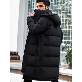 Men's Mid-length Hooded Long Puffer Jacket, Casual Warm Comfy Down Coat For Fall Winter Outdoor Activities