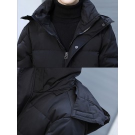 Men's Mid-length Hooded Long Puffer Jacket, Casual Warm Comfy Down Coat For Fall Winter Outdoor Activities