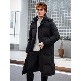 Men's Mid-length Hooded Long Puffer Jacket, Casual Warm Comfy Down Coat For Fall Winter Outdoor Activities