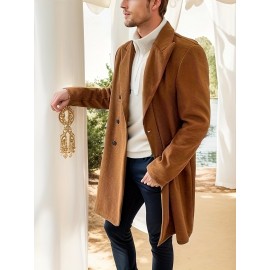 Men's Elegant Trench Double Breasted Coat, Casual Wool-like Fabric Warm Overcoat For Fall Winter