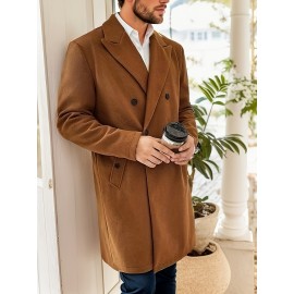 Men's Elegant Trench Double Breasted Coat, Casual Wool-like Fabric Warm Overcoat For Fall Winter