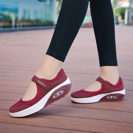 Women's Solid Color Casual Sneakers, Ankle Band Platform Soft Sole Air Cushion Walking Shoes, Breathable Work Daily Footwear