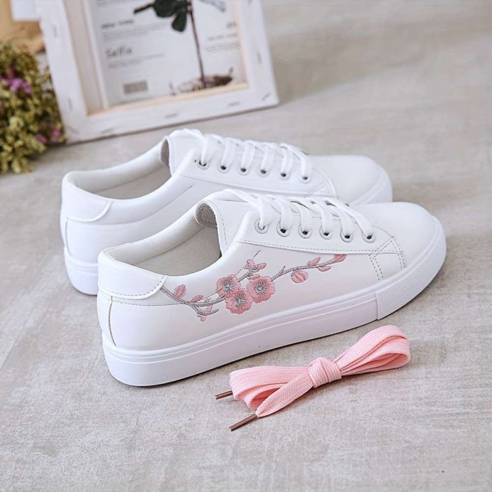 Women's Floral Embroidered Sneakers, Lace Up Soft Sole Platform Casual Skate Shoes, Low-top Walking White Shoes