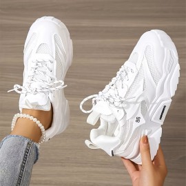 Women's Solid Color Mesh Sneakers, Lace Up Soft Sole Platform Casual Shoes, Low-top Breathable Shoes