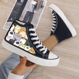 Men's Trendy High Top Cat Pattern Skate Shoes With Warm Plush Lining, Comfy Non Slip Casual Lace Up Sneakers, Winter