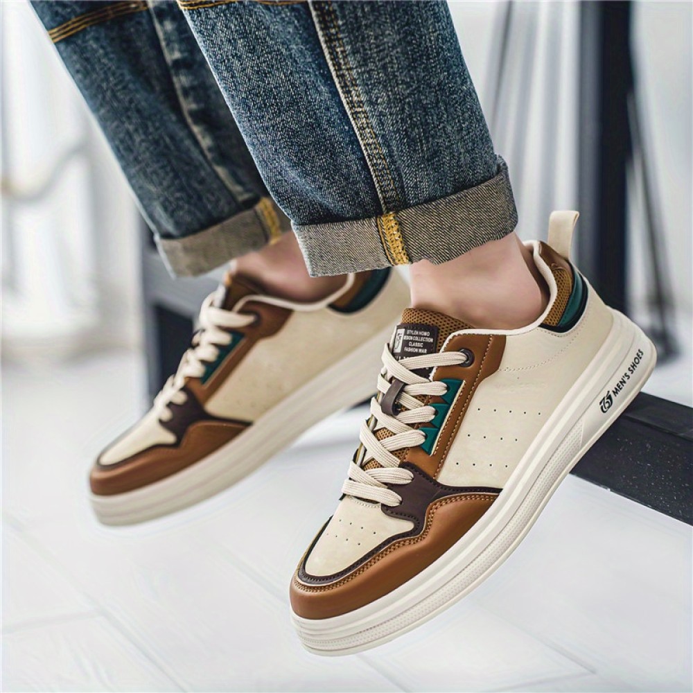 Men's Vintage Colour Block Low Top Skateboard Shoes, Comfy Non Slip Casual Lace Up Rubber Sole Sneakers For Men's Outdoor Activities