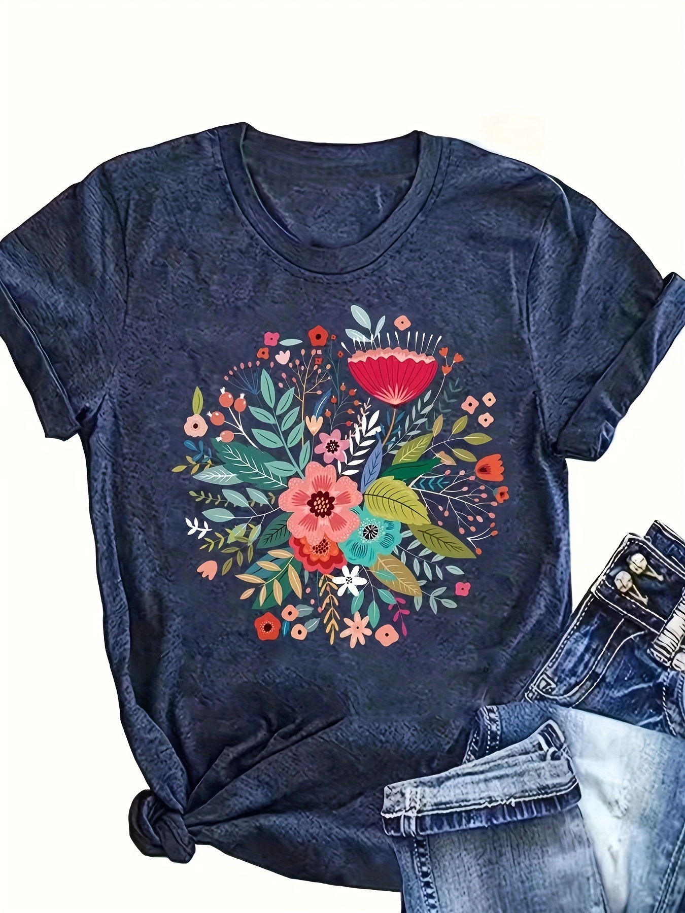 floral print t shirt casual short sleeve crew neck top for spring summer womens clothing details 1