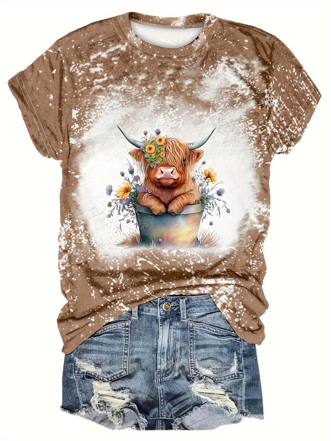 cow floral print t shirt casual short sleeve crew neck top for spring summer womens clothing details 3