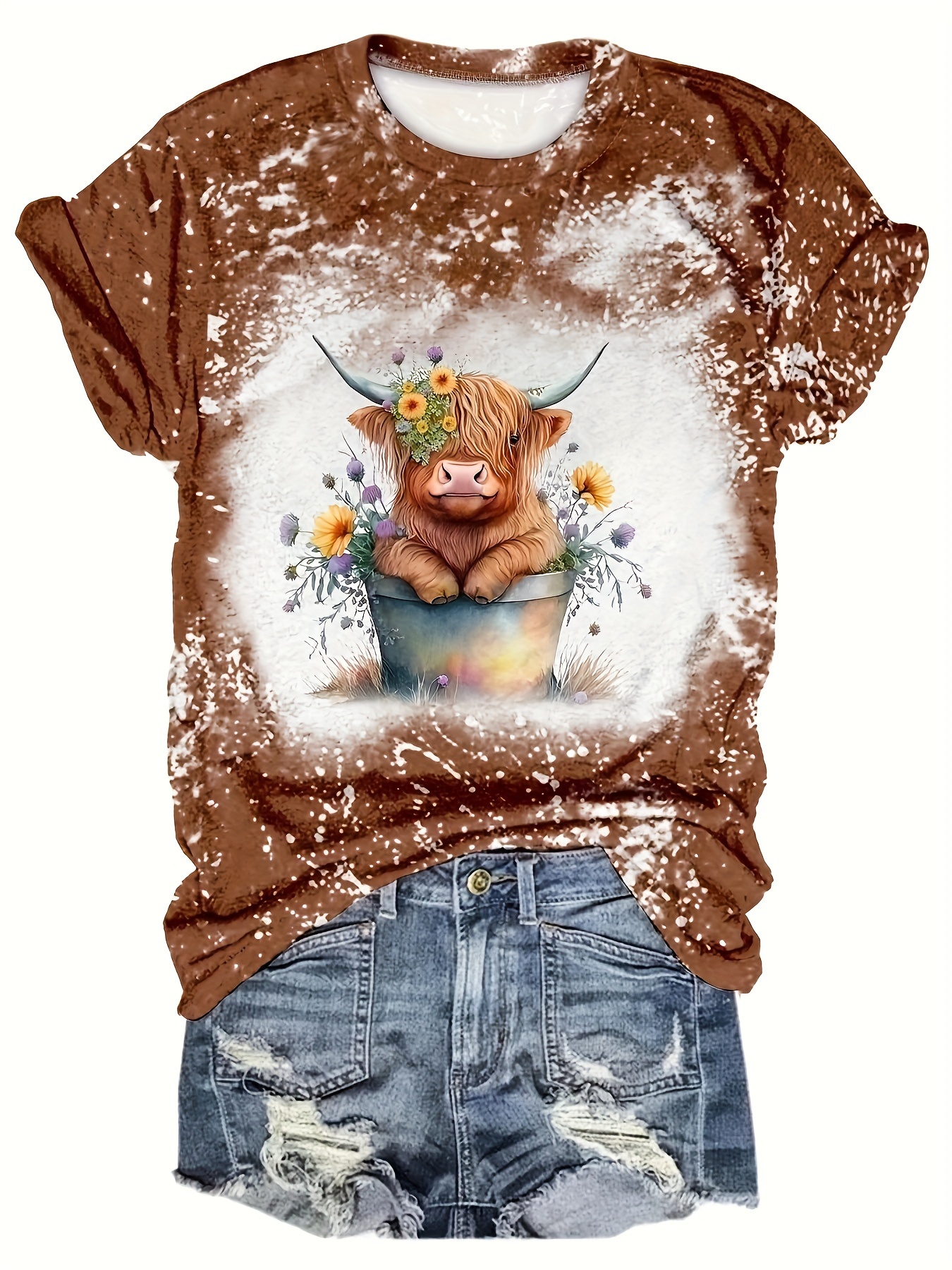 cow floral print t shirt casual short sleeve crew neck top for spring summer womens clothing details 10