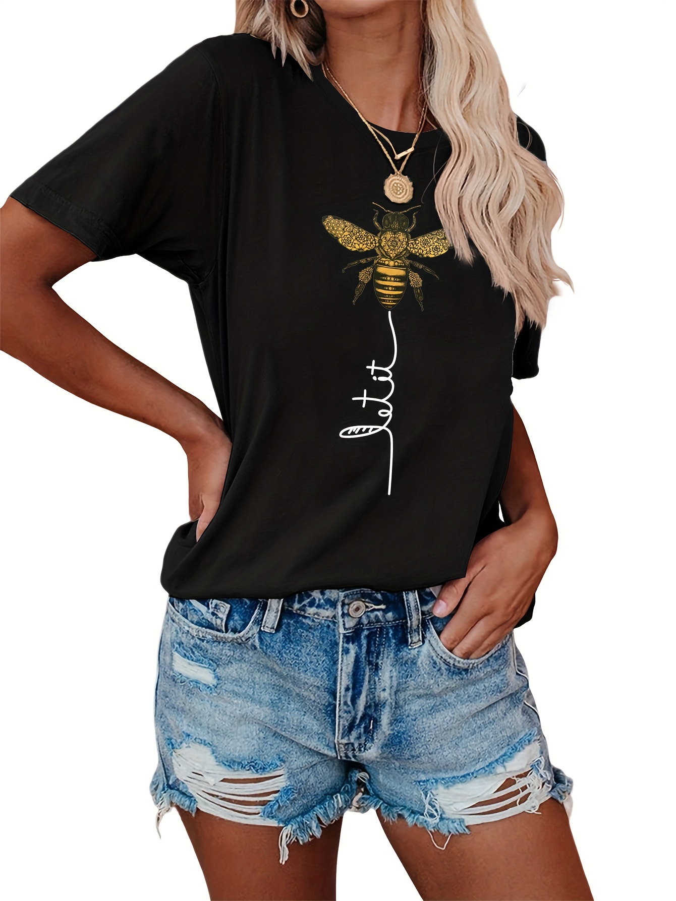 bee kind belief print crew neck t shirt casual loose short sleeve summer t shirts tops womens clothing details 0