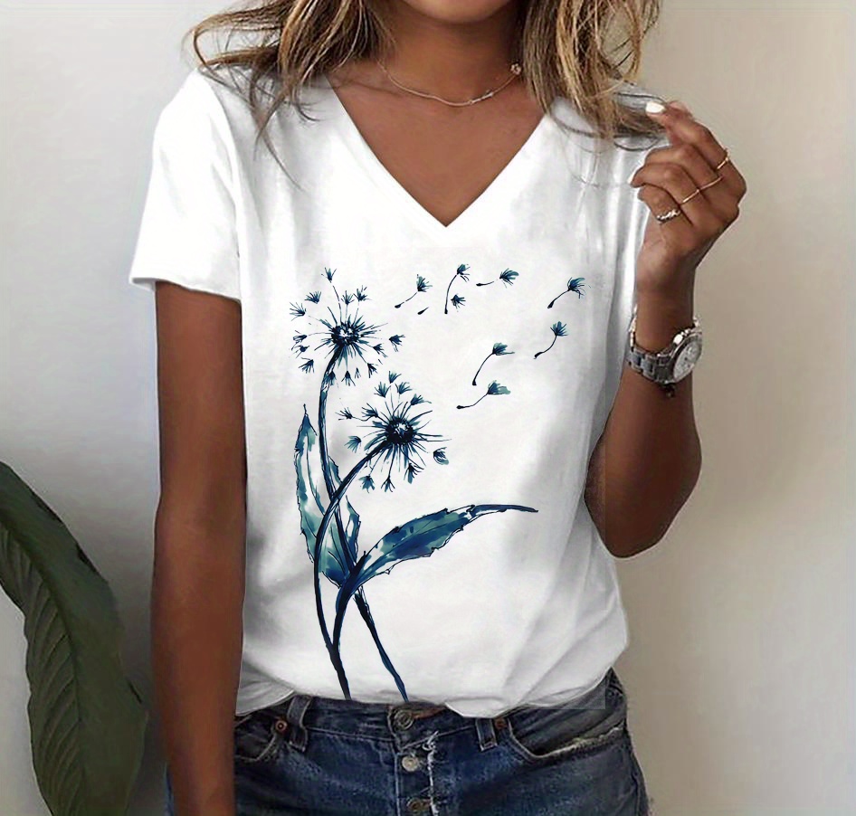 dandelion print v neck t shirt casual short sleeve t shirt for spring summer womens clothing details 0