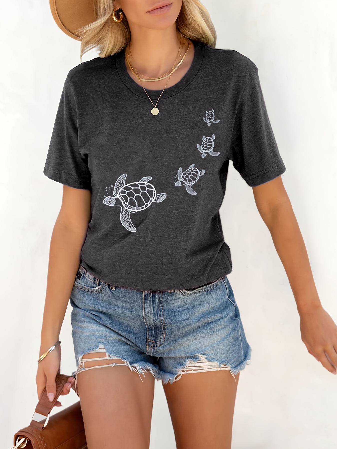 turtle print crew neck t shirt casual short sleeve t shirt for spring summer womens clothing details 2