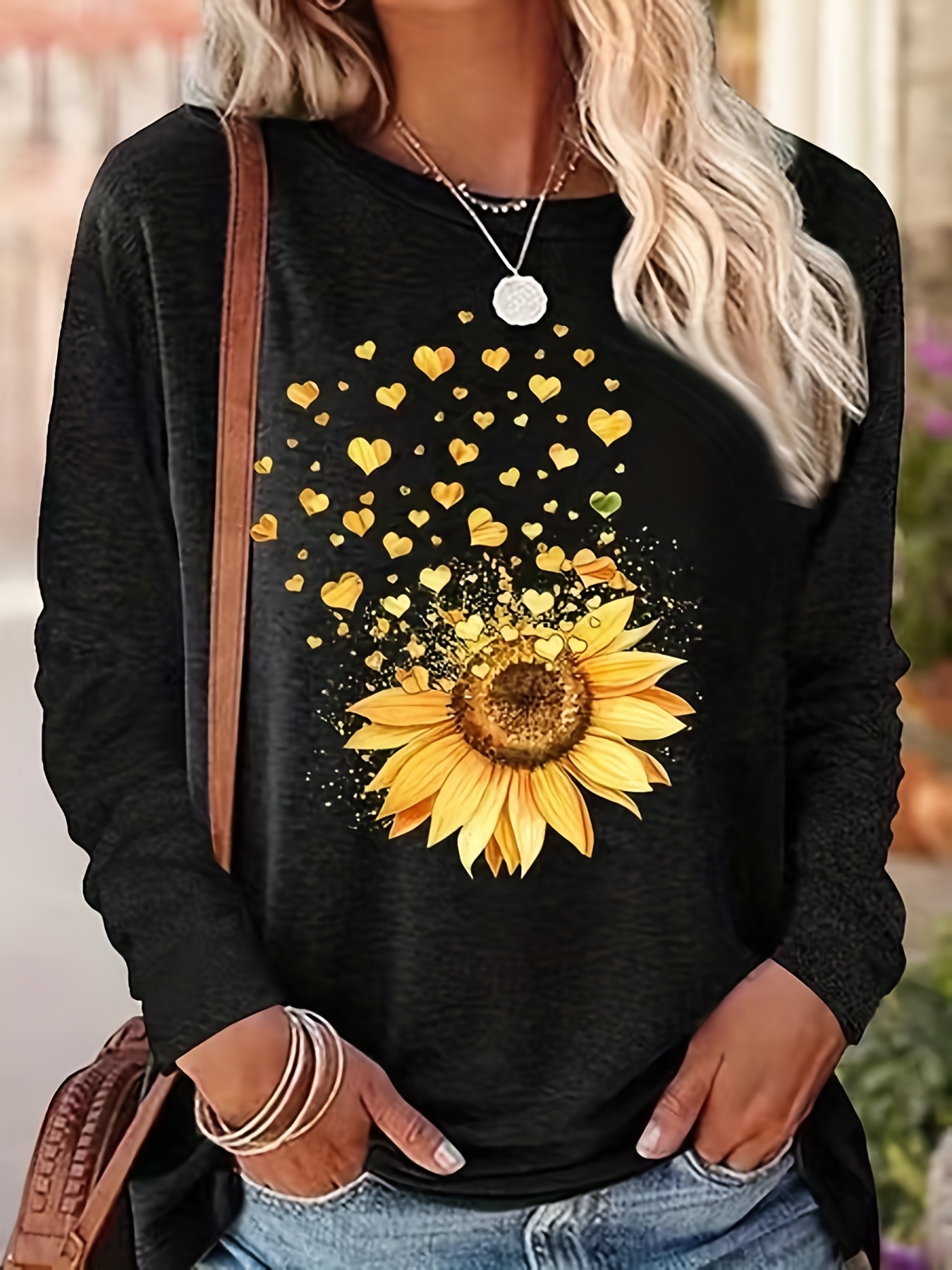 sunflower print crew neck t shirt casual long sleeve t shirt for spring fall womens clothing details 3