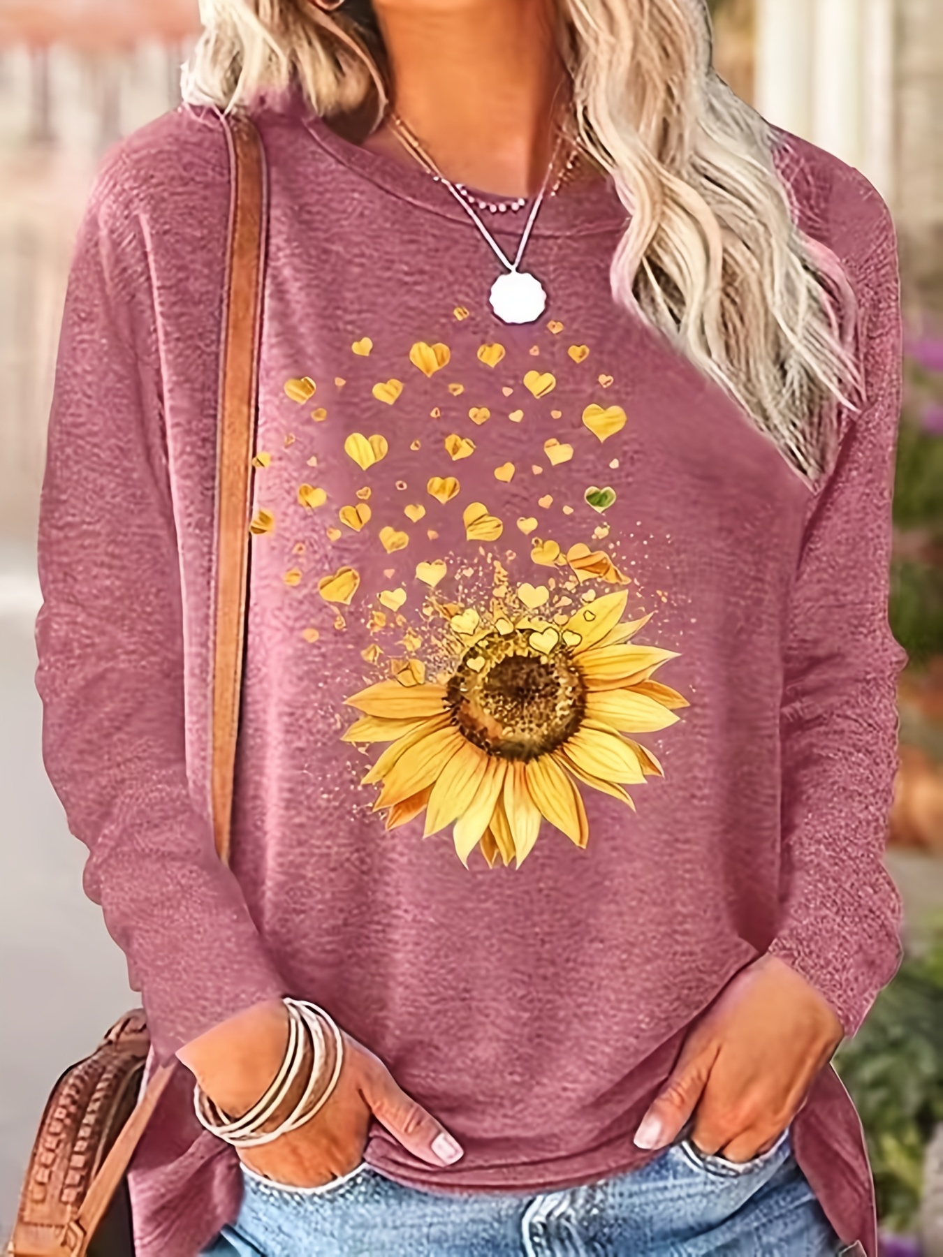 sunflower print crew neck t shirt casual long sleeve t shirt for spring fall womens clothing details 6