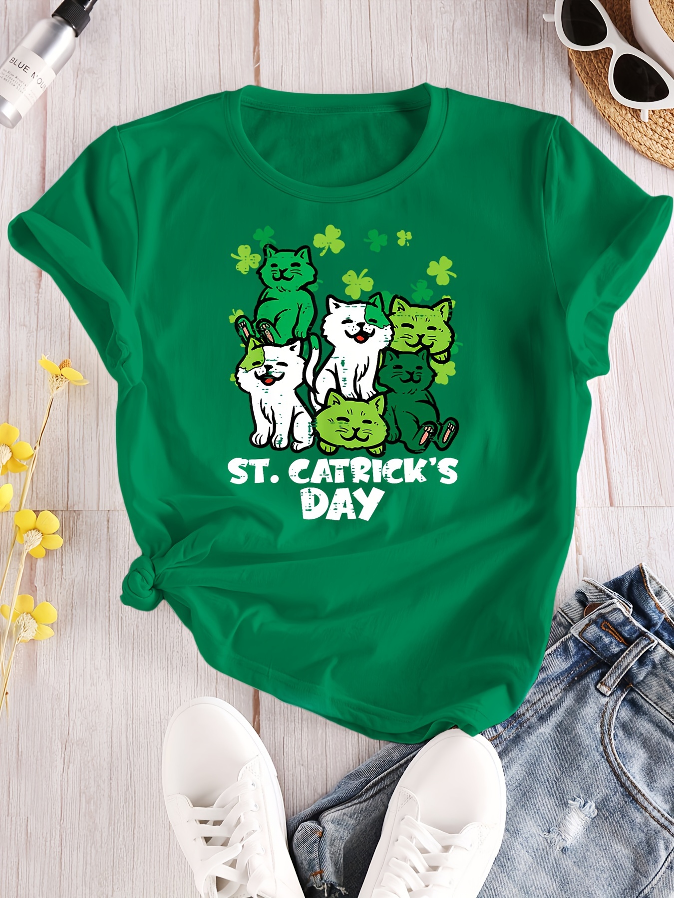 st patricks day cat print t shirt casual crew neck short sleeve top for spring summer womens clothing details 4