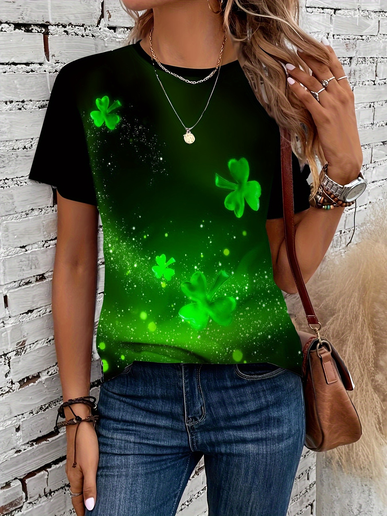 clover print crew neck t shirt casual short sleeve t shirt for spring summer womens clothing st patricks day details 2