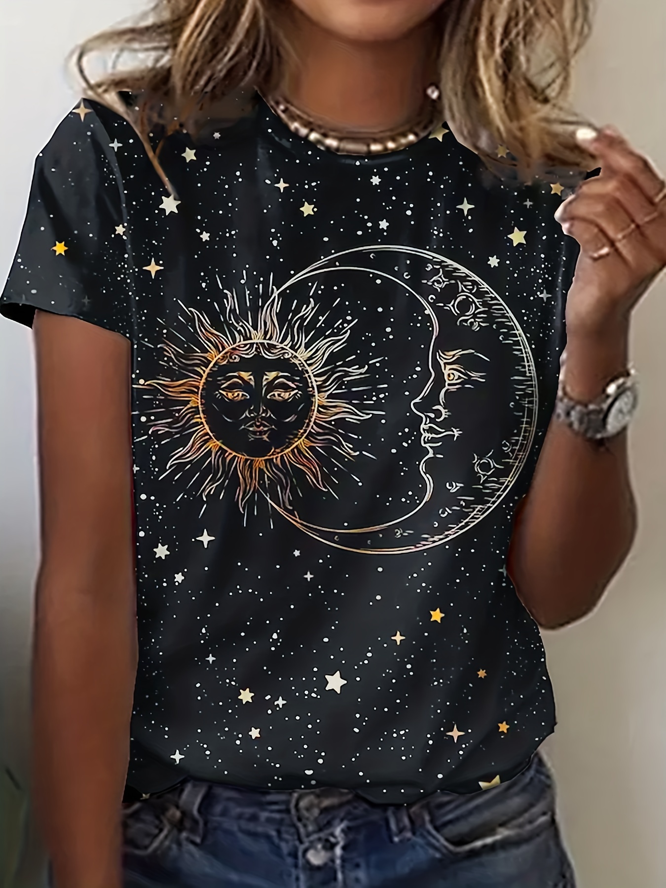 sun moon print crew neck t shirt casual short sleeve t shirt for spring summer womens clothing details 7