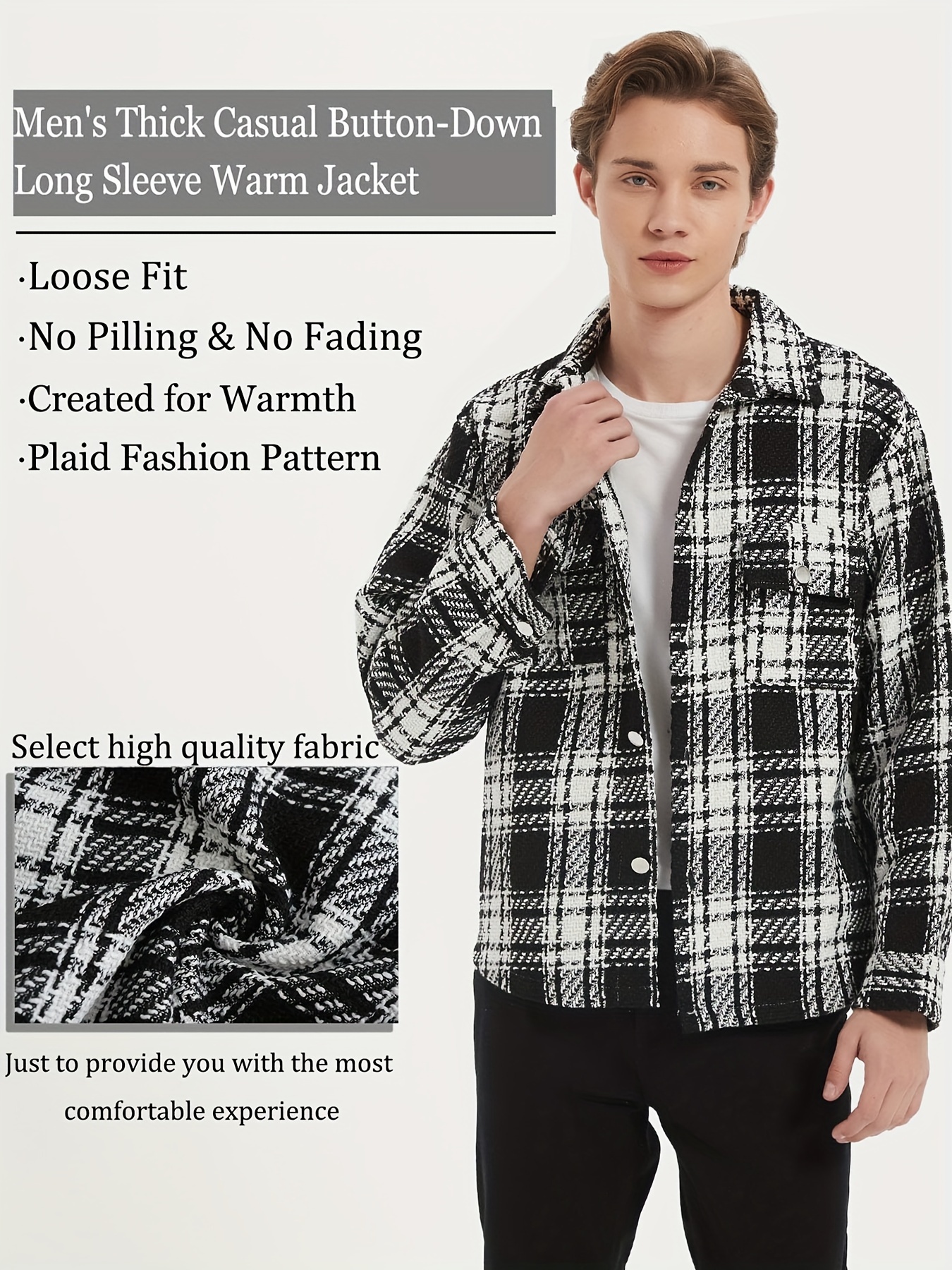 mens button down loose fit long sleeve thick plaid casual shirt jacket black and white checkerboard 02 details 5