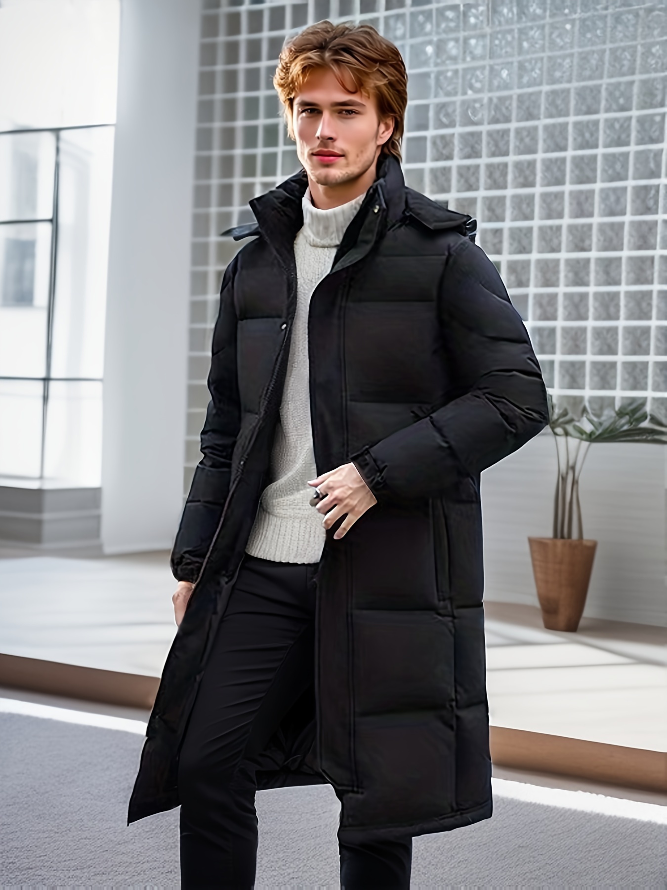 mens mid length hooded puffer jacket casual warm comfy down coat for fall winter outdoor activities details 1