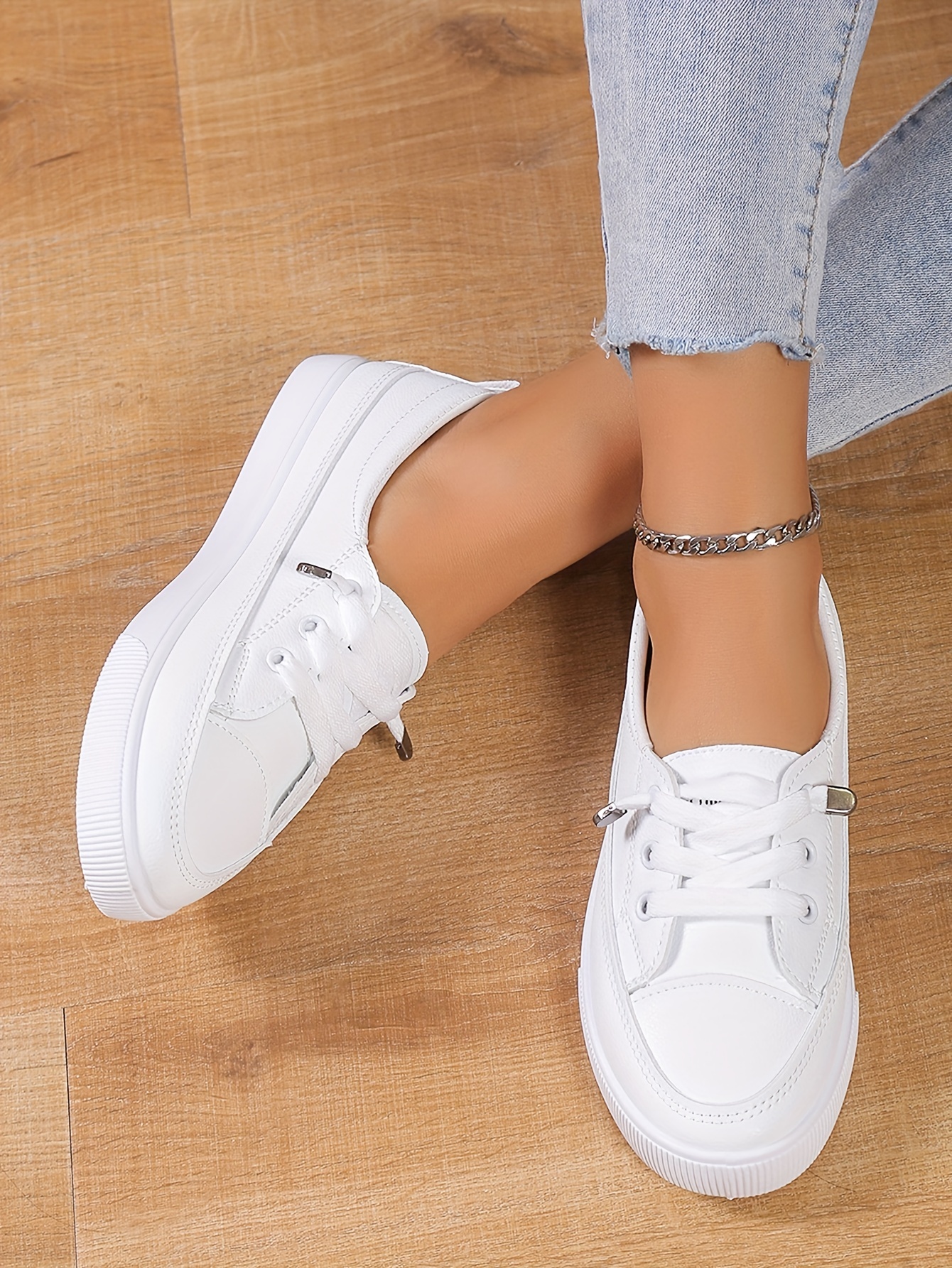 casual flat skate shoes, womens casual flat skate shoes all match low top slip on shoes casual white walking sneakers details 3