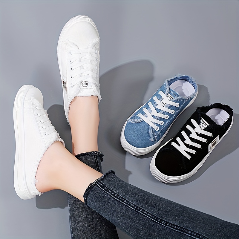 womens flat canvas shoes round toe lace up slip on low top shoes casual walking shoes details 0